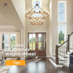 Farmhouse Wagon Wheel Chandelier 43" Wooden Rustic Chandelier 24-Light 2 Tier Extra Large Pendant Light Fixture Round Chandeliers for High Ceiling Foyer Living Room Porch