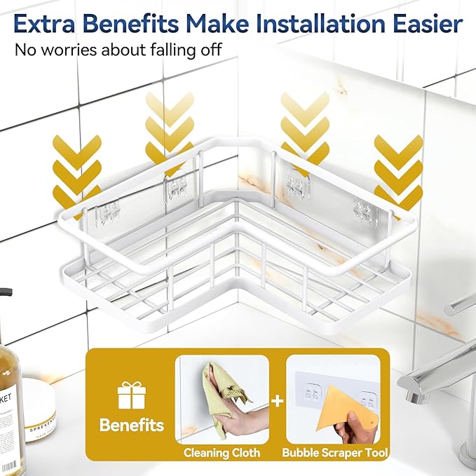 YASONIC Corner Shower Caddy Organizer, 3-Pack Adhesive Rustproof Stainless Steel Shower Shelves with Soap Holder, No Drilling Shower Storage Rack for Family Renters Bathroom, White