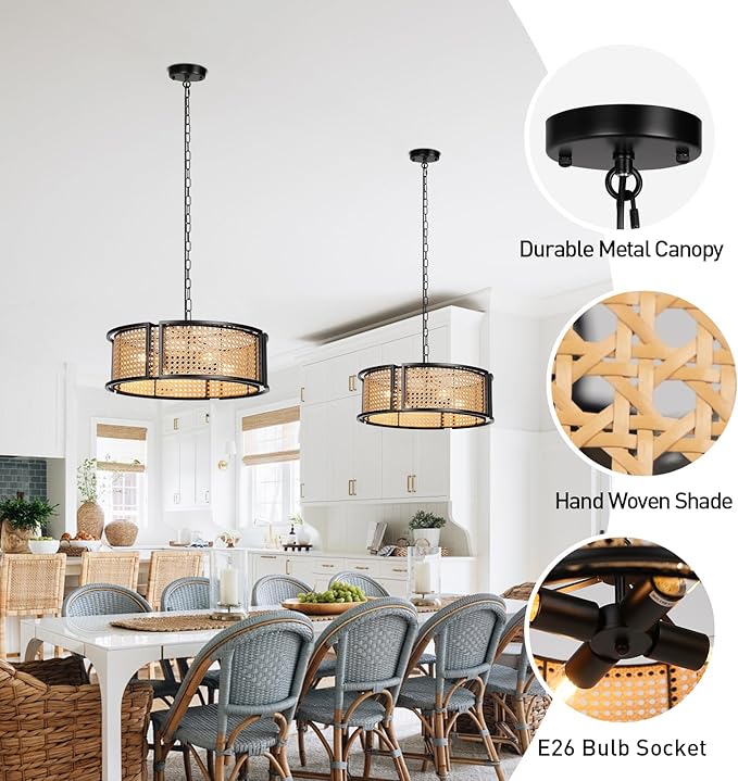 17.7" Farmhouse Rattan Chandelier, 4-Light Large Bohemian Pendant Hanging Light Fixture, Hand Woven Boho Chandelier for Dining Room, Living Room, Kitchen Island, Bedroom, Hallway, Foyer