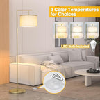 Floor Lamp for Living Room with 3 Color Temperatures Standing Lamp with Adjustable Beige Linen Lampshade Tall Lamps for Bedroom Office Classroom Dorm Room, 9W LED Bulb Included, Gold