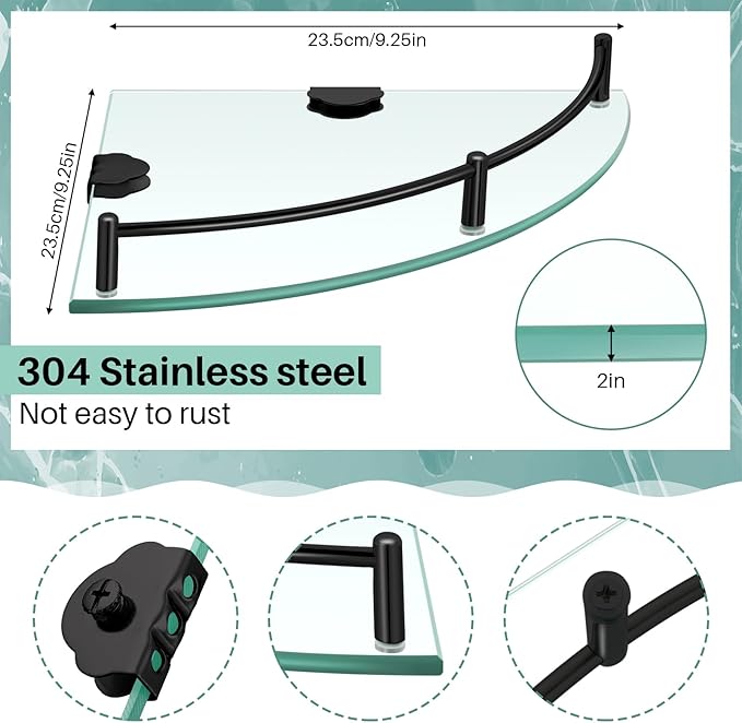 Crowye 2 Pcs Corner Shower Shelf 2-Tier Glass Corner Shelf Stainless Steel Wall Mounted Bathroom Organizer for Storing Bottle Shower Gel Shampoo Brush, 9.25 Inches (Black)