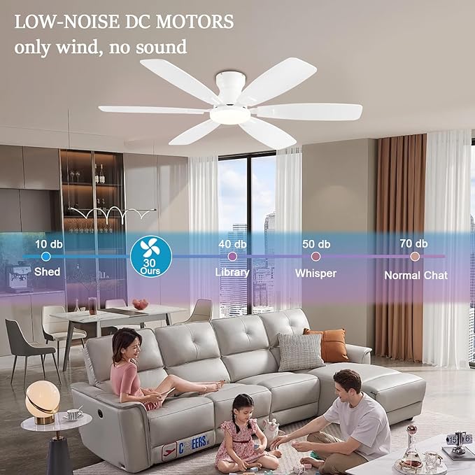 Ceiling Fans with Lights, 52 Inch Low Profile Ceiling Fan with Light and Remote Control, Flush Mount, Reversible, 3CCT, Dimmable, Quiet, White Ceiling Fan for Bedroom Indoor/Outdoor Use