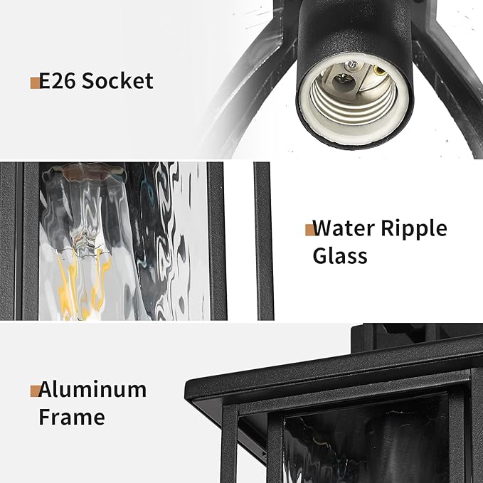 JYZ Dusk to Dawn Outdoor Wall Sconce, 15 Inch Exterior Wall Mount Lantern with Aluminum Frame, Weatherproof Black Porch Light Fixture for Front Door, Garage, Patio, Backyard, Garden JYOWL05-L