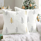 MIULEE Christmas Decorative Pillow Covers Set of 2 Faux Fur Throw Pillows with Embroidered Christmas Tree 18x18 Inch White Gold Winter Couch Covers for Festival Sofa Bedroom Living Room Home Decor
