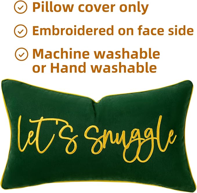 Sunkifover Let's Snuggle Decorative Lumbar Pillow Cover - 12x20 Inch Green and Gold Cotton Embroidery Throw Pillowcase for Bed, Bedroom, Living Room, Home Decor