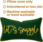 Sunkifover Let's Snuggle Decorative Lumbar Pillow Cover - 12x20 Inch Green and Gold Cotton Embroidery Throw Pillowcase for Bed, Bedroom, Living Room, Home Decor