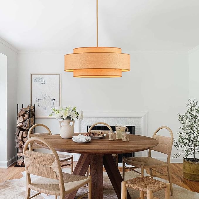 Farmhouse 23.6" Large Drum Rattan Chandelier 6-Lights Vintage Boho Rattan Chandelier Retro Vintage Bamboo Drum Chandeliers for Dining Room, Kitchen Island, Living Room, Bedroom