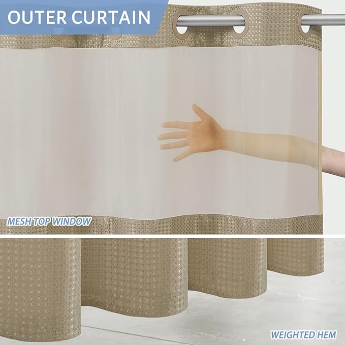 Furlinic Waffle Weave No Hook Shower Curtain with Snap in Fabric Liner Set,Heavy Duty Textured Bathroom Curtain with See Through Window,Waterproof & Machine Washable,Hotel Style,Beige,71x75 Inch