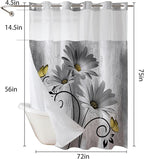 Muuyi Grey Watercolor Floral Shower Curtain,No Hook Shower Curtain,Polyester Shower Curtains with Snap in Fabric,Sheer Top Window for Bathroom Decor,Waterproof & Washable,72W x 75L Inch