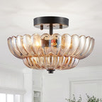 XINGQI Modern Black Semi Flush Mount Ceiling 3-Light 11.8“ Amber Glass Close to Ceiling Light Fixtures for Bedroom Living Room Entryway Hallway