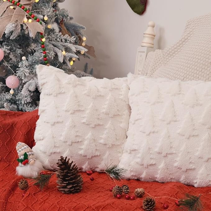 GEEORY Christmas Tree Throw Pillow Covers 16x16 Inch Set of 2, Xmas Winter Soft Plush Faux Fur Wool Decorative Farmhouse Holiday Cushion Case for Home Decoration (Beige) GC004-16