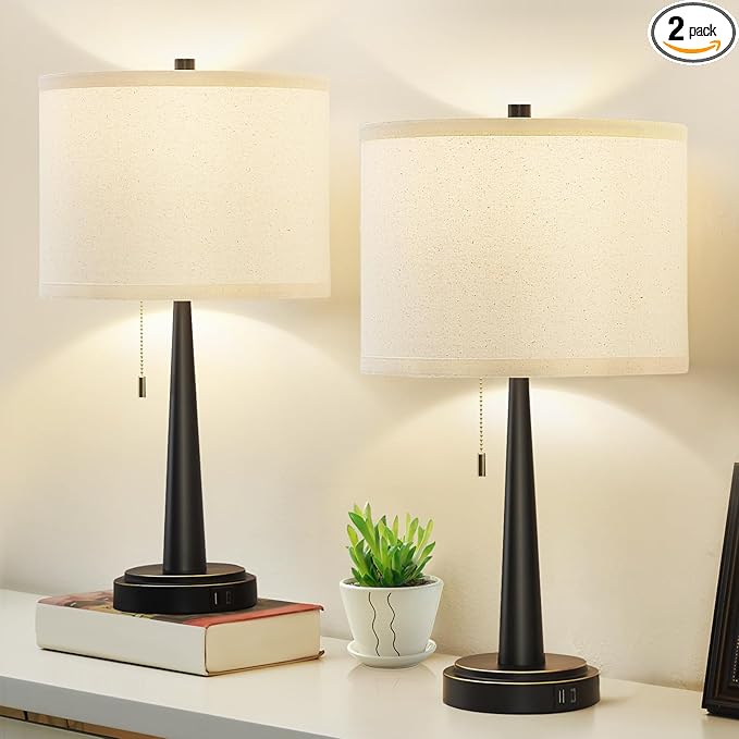 GyroVu Table Lamp Set of 2, Beside Lamps with USB-C+A Nightstand Lamp with Pull Chain Swtich Modern Led Table Lamp for Living Room, Bedroom & Office-9W Led Bulbs Included(Matte Black)