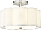 Semi Flush Mount Ceiling Lights, 3-Light 13" Ceiling Light Fixtures with Fabric Shade in Flower Shape, Brushed Nickel Drum Lighting for Nursery Hallway Bedroom Kitchen, AD-22007-3SF-SN