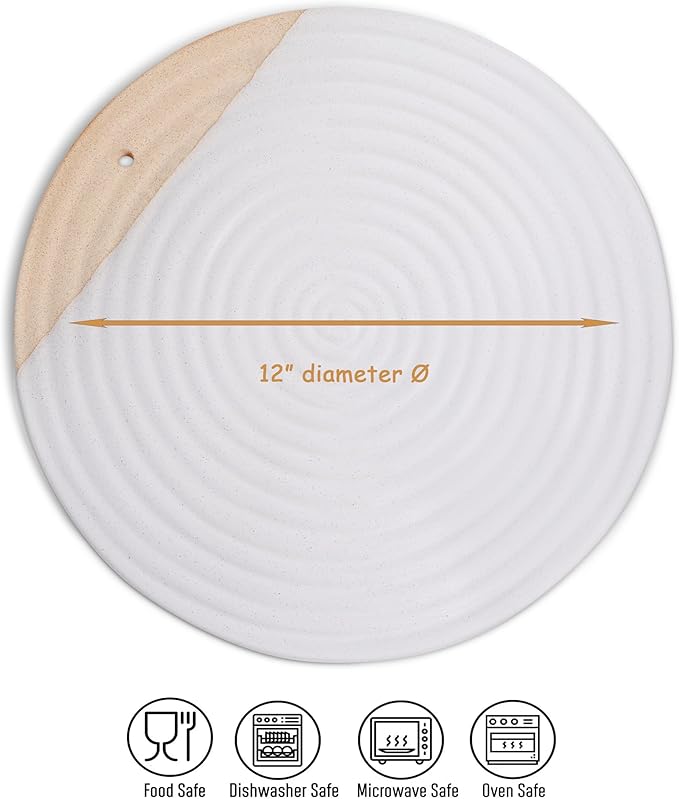 Premium Ceramic Serving Platter, White - 12” Round - Dishwasher Safe, Oven Safe Appetizer Tray for Entertaining - Large Charcuterie Cheese Board Serving Dish Gift - Pizza Stone