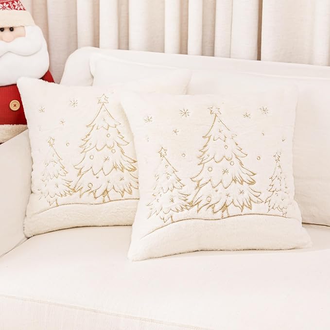 Christmas Embroidered Throw Pillow Cover - Soft Chenille Holiday Decorative Cushion for Xmas Tree Decor, Winter Home Decor, Cozy Living Room Bedroom Sofa (Christmas Tree, 18" x 18" (Pack of 2))