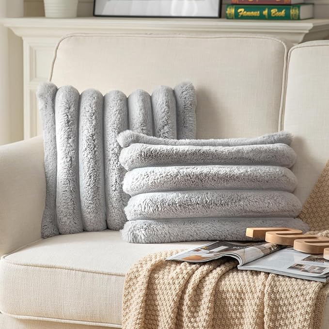 Faux Fur Plush Throw Pillow Covers 12x20 Inch Set of 2 - Luxury Decorative Fuzzy Striped Soft Cozy Pillowcase for Couch, Sofa, Living Room - Light Grey