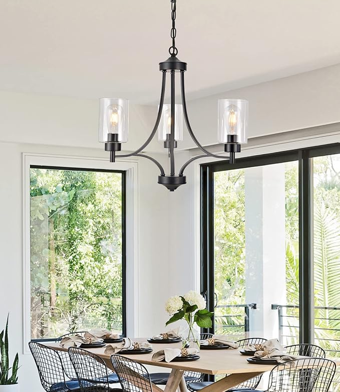 3 Lights Black Traditional Chandelier Rustic Kitchen Island Lighting Fixtures Hanging Clear Glass Cylinder Pendant Lights Classic Ceiling Light for Dining Room Bedroom Foyer