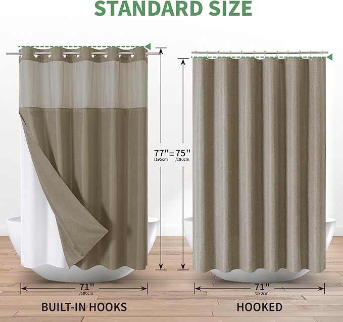 No Hook Shower Curtain with Snap-in Fabric Liner Set,Slub Textured Fabric Shower Curtains for Bathroom,Hotel Style Modern Shower Curtain,Water Repellent & Washable,71x77(75),Tan/Khaki