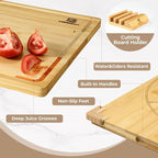 Large Bamboo Cutting Boards Set of 4 for Kitchen, Bamboo Charcuterie Chopping Board with Holder Non Slip, Steak Serving Tray with Juice Groove, Big Butcher Block for Cheese, Ideal for Gift