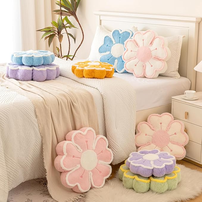 Flower Shaped Decorative Throw Pillow Cushion for Bed Couch, Cute Flower Plush Throw Pillows Home Decor Floor Pillow Seating Cushions (Blue, 13.7 Inches)