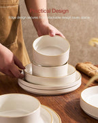 Famiware Star Dinnerware Set, Plates and Bowls Sets for 6 (18pcs), Ribbed Stoneware Dishes - Chip & Scratch Resistant, Microwave & Dishwasher Safe Kitchenware, White