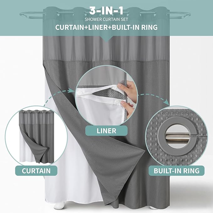 Grey No Hook Waffle Weave Shower Curtain with snap-in Liner Replacement, 230GSM Waterproof Fabric Hotel Shower Curtain Set for Bathroom, Through Mesh Top Window,71Wx82H