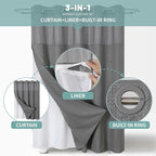 Grey No Hook Waffle Weave Shower Curtain with snap-in Liner Replacement, 230GSM Waterproof Fabric Hotel Shower Curtain Set for Bathroom, Through Mesh Top Window,48Wx74H