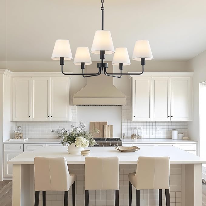 29.52" Black Farmhouse Chandelier with Fabric Shade, 5-Arm Vintage Modern Dining Room Light Fixture, Kitchen Island Pendant Hanging Foyer Light Fixture for Entryway Hallway Living Room Over Table