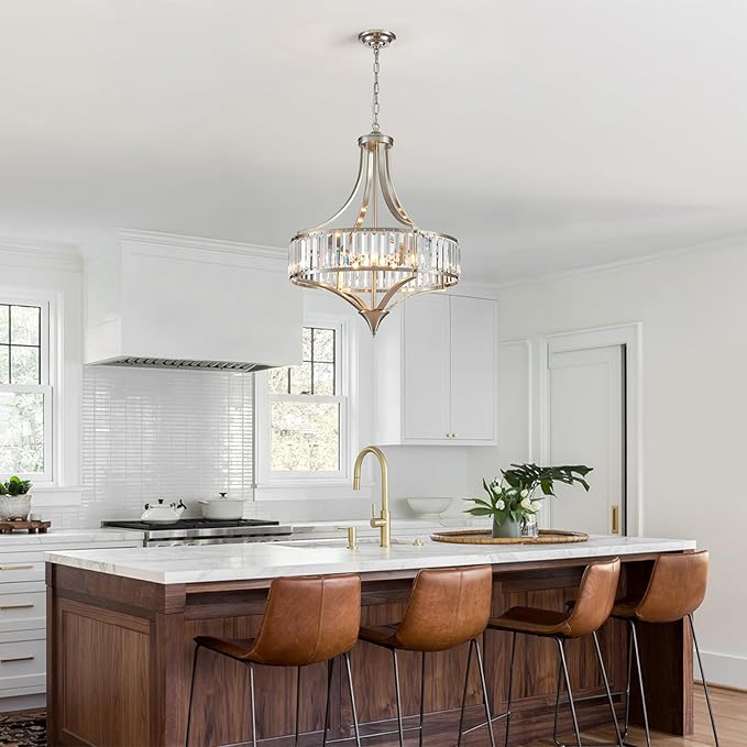 XINGQI Large Crystal Chandelier 21.6" Brushed Nickel Chandeliers for Dining Room, Rustic Farmhouse Pendant 6-Light with Round Metal Shade for Living Room Kitchen Bedroom Office