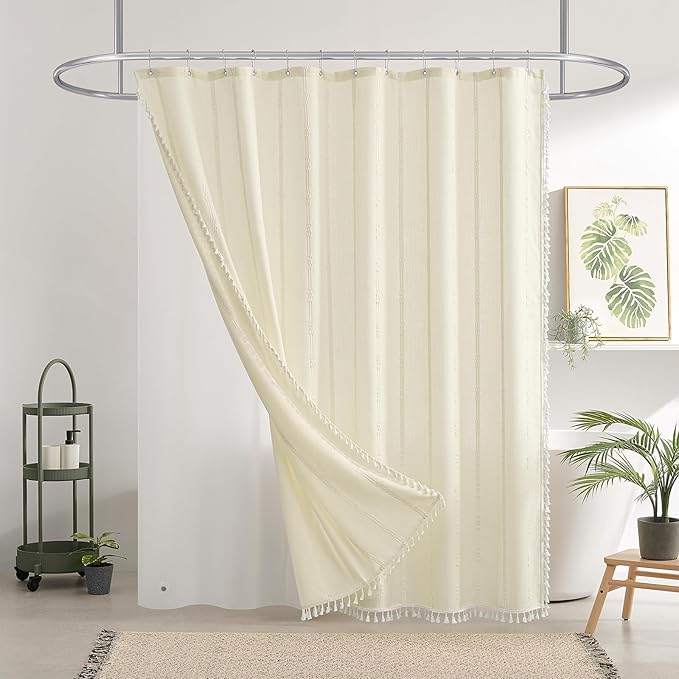 downluxe Linen Texture 3 in 1 Farmhouse Shower Curtain Set with Tassel, Boho Fabric Shower Curtains for Bathroom, Cream, 72W x 78L