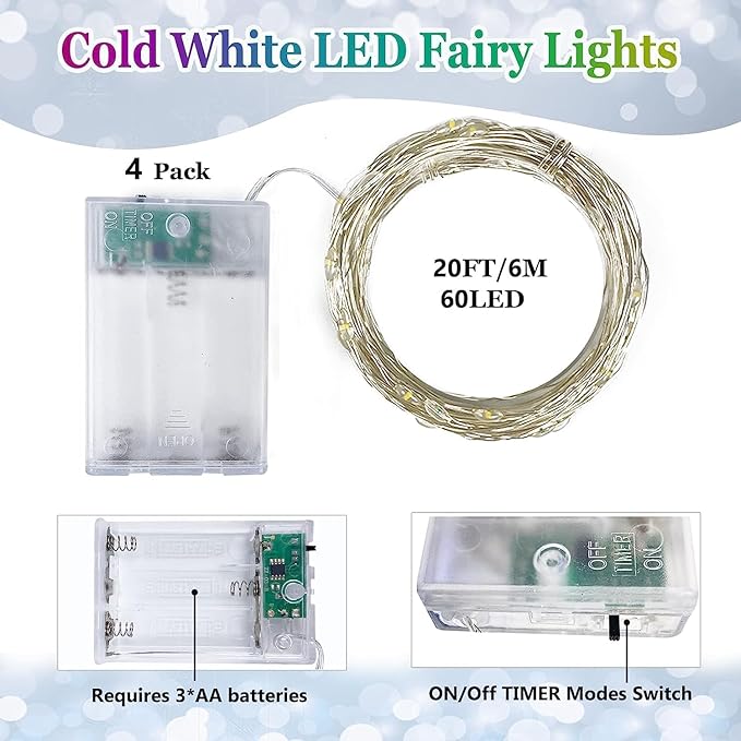 4 Pack Fairy Lights Battery Operated with Timer, Each 20FT 60LED Christmas String Lights Outdoor Indoor, Cuttable Battery Twinkle Lights for Bedroom Home Wedding DIY Christmas Decorations (Cool White)