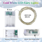 4 Pack Fairy Lights Battery Operated with Timer, Each 20FT 60LED Christmas String Lights Outdoor Indoor, Cuttable Battery Twinkle Lights for Bedroom Home Wedding DIY Christmas Decorations (Cool White)