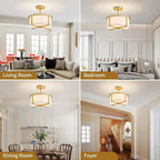 Modern Fabric Drum Chandelier, Semi-Flushmount Close to Ceiling Light Fixture for Living Room, Bedroom, Dining Room, D12 x H9 in, Gold Finish Metal Frame & Linen Fabric Shades