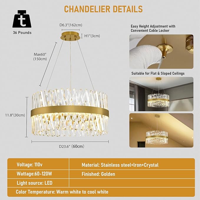 Modern Crystal Chandeliers, Crystal Chandelier for Dining Room, 24 Inch Round Gold Chandelier. Suitable for Living Rooms, Kitchens, bedrooms, and Entrance Halls. Elegant Chandeliers.