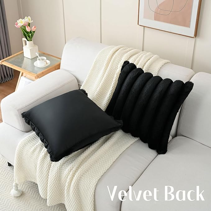 FUTEI Black Decorative Throw Pillow Covers 22x22 Inch Set of 2, Square Soft Faux Rabbit Fur Big Striped Cushion Cover,Home Decor for Couch Sofa Bed Living Room