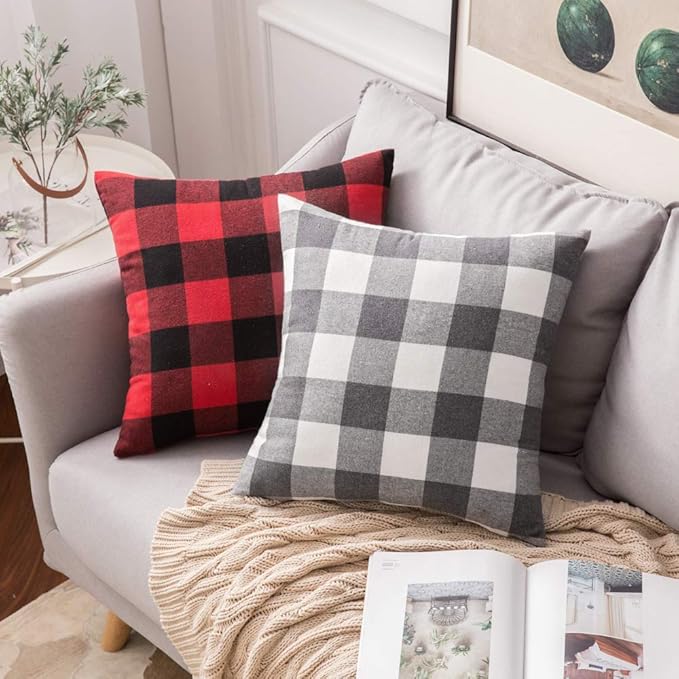 MIULEE Pack of 2 Classic Farmhouse Buffalo Check Plaids Polyester Linen Soft Solid Grey and White Decorative Throw Pillow Covers Home Decor Outdoor Cushion Case for Sofa Bedroom 24 x 24 Inch
