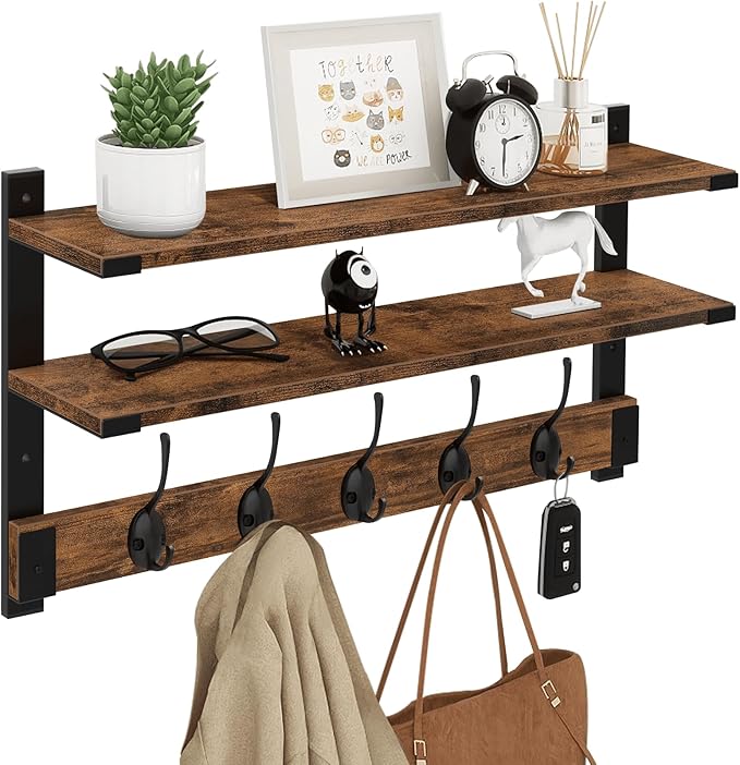 Homode Coat Rack Wall Mount with Shelf, Two-Tier Entryway Wall Shelf with Hooks, 24 in Wood Floating Storage Shelves, Coat Hanger for Hanging Hat Towel Jacket Purse Backpack, Rustic Brown