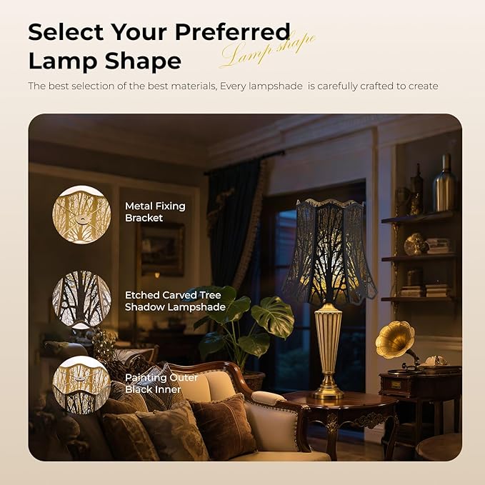 Etched Court Style Metal Lamp Shade, Large Upper and Lower Wave Lampshade with Forest Tree Pattern, 10"Top x 16" Bottom x 14.75" High, lron Cover shade for Table Lamps, Floor Lamps (Black/Gold)