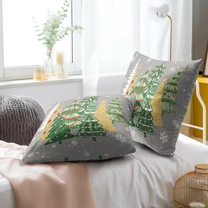 Christmas Tree Pillow Covers 22x22 Inch 2 Pcs, Xmas Pine Trees Snowflakes Grey Decorative Pillow Cases Square Cotton Cushion Cover for Winter Farmhouse Sofa Couch Bed Decor