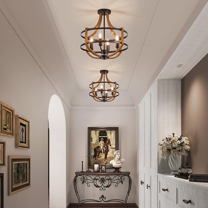 Farmhouse Chandelier for Dining Room 16.9" Wooden Chandelier 4-Light Rustic Candle Chandeliers Modern Faux Wood Vintage Chandeliers Light Fixture for Kitchen Foyer Hallway Entryway Bedroom