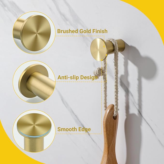 SAYAYO Brushed Gold Towel Hooks for Bathrooms, Heavy Duty Wall Hooks for Hanging, Modern Coat Hook Robe Hook SUS 304 Stainless Steel 4 Pcs