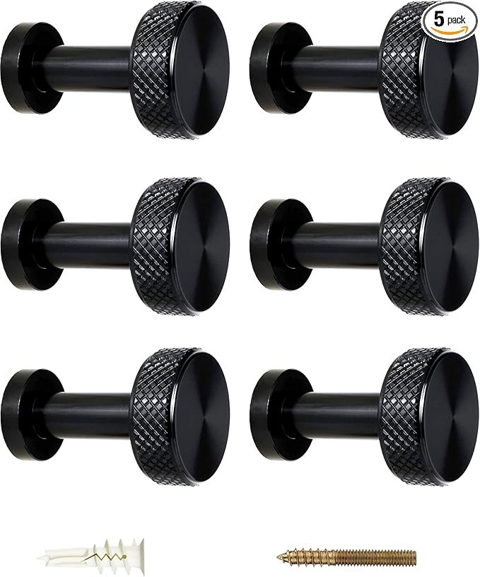 Screw Mount Round Hooks Constructed of Stainless Steel for Towels, Robes, Hats, Jackets in The Bathroom, Bedroom, Kitchen, Entry, and Backyard BBQ Pool Deck - Knurled Black, 6 Pack