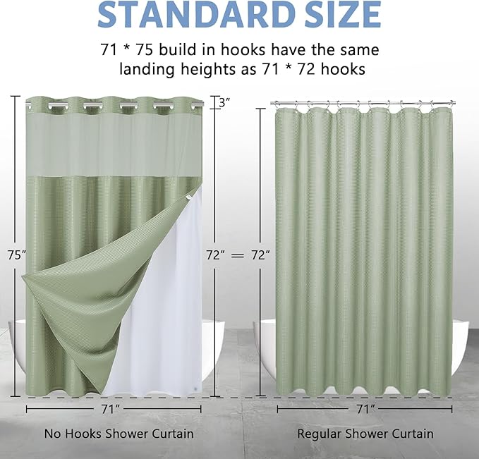 Furlinic Waffle Weave No Hook Shower Curtain with Snap in Fabric Liner Set,Heavy Duty Textured Bathroom Curtain with See Through Window,Waterproof & Machine Washable,Sage Green,71x75 Inch.