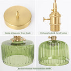 Pendant Light with Green Striped Glass Lmapshade, Brass Vintage Pendant Light Adjustable Hanging Light for Kitchen Island Dining Room Hallway