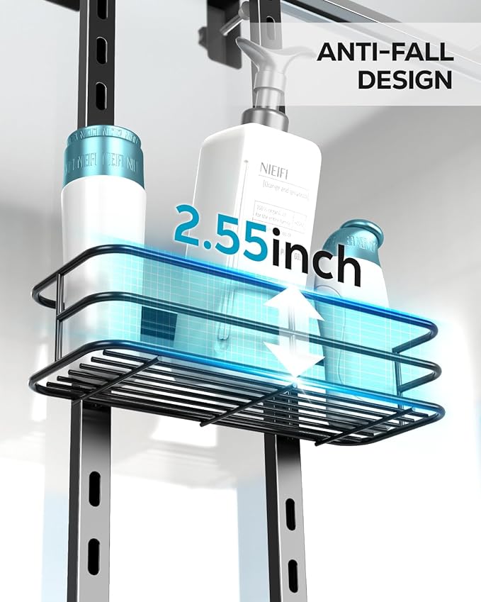 Nieifi Over the Door Shower Caddy, Adjustable 3 Tier Hanging Shower Organizer with Soap Holder Bathroom Shelves with Hooks, Black