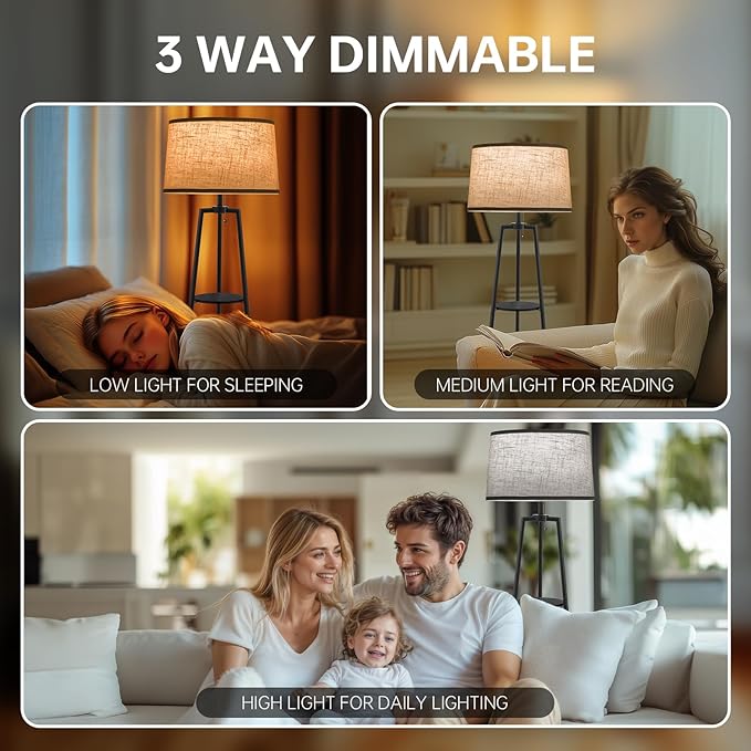 3 Tier Shelf Floor Lamps for Living Room, Modern Standing Lamp with 3 Color Temperature Led Bulb, Tall Lamps for Bedroom and Office, Black