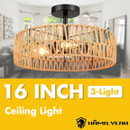 Hamilyeah Boho Woven Flush Mount Ceiling Light Fixture, 16 inch Rattan Light Fixture Ceiling Mount for Living Room, Bedroom, Kitchen