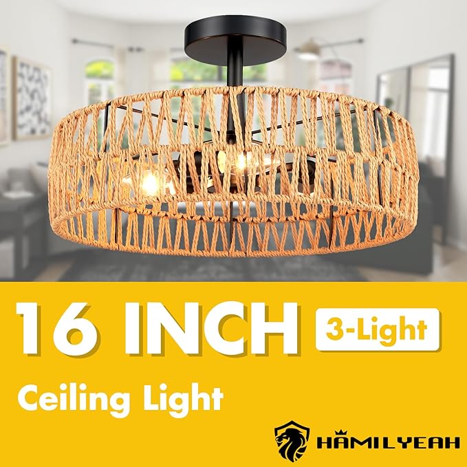Hamilyeah Boho Woven Flush Mount Ceiling Light Fixture, 16 inch Rattan Light Fixture Ceiling Mount for Living Room, Bedroom, Kitchen