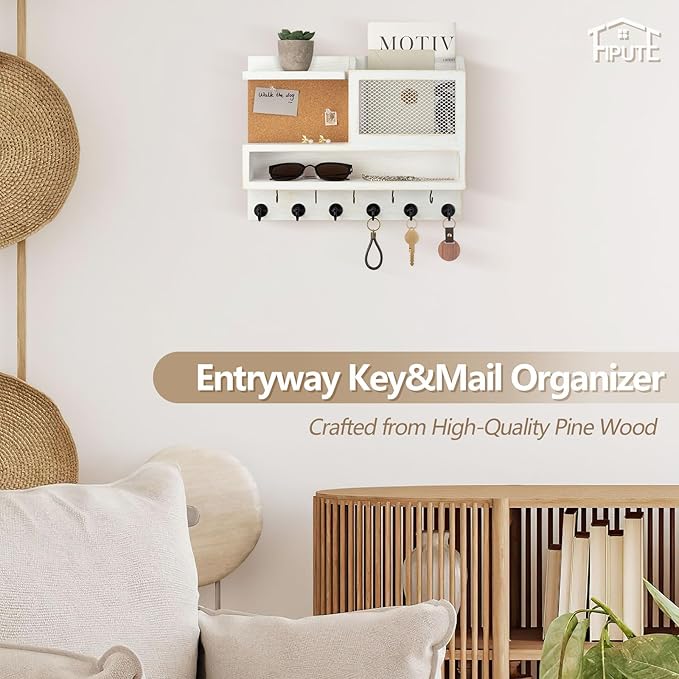Key Holder for Wall with Mail Organizer,Farmhouse Mail and Key Holder for Wall,Key Hanger with ‌Metal 11 Hooks,Corkboard,and Shelf,Decorative Natural Pine Wood Entryway Organizer,14.6*11.1*3.3”,White