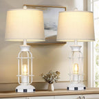 28" Vintage Table Lamps with USB C+A Ports & Outlet, Industrial Farmhouse Table Lamp for Living Room, Rustic Mid Century Modern Bedside Lamps with Nightlight & Beige Fabric Lampshade, Oil-Rubbed White